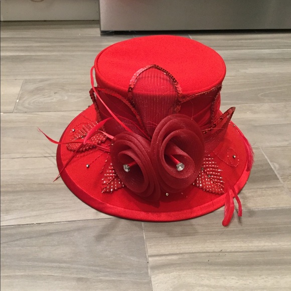 BEN MARC INTERNATIONAL VINTAGE RED FLOWER FEATHER HAT, LIKE NEW - Picture 2 of 8